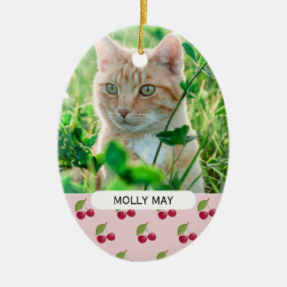 Cute Cherry Pattern Custom Cat Photo Personalised Ceramic Tree Decoration