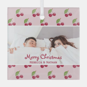 Cute Cherry Pattern Custom Photo Christmas Glass Tree Decoration