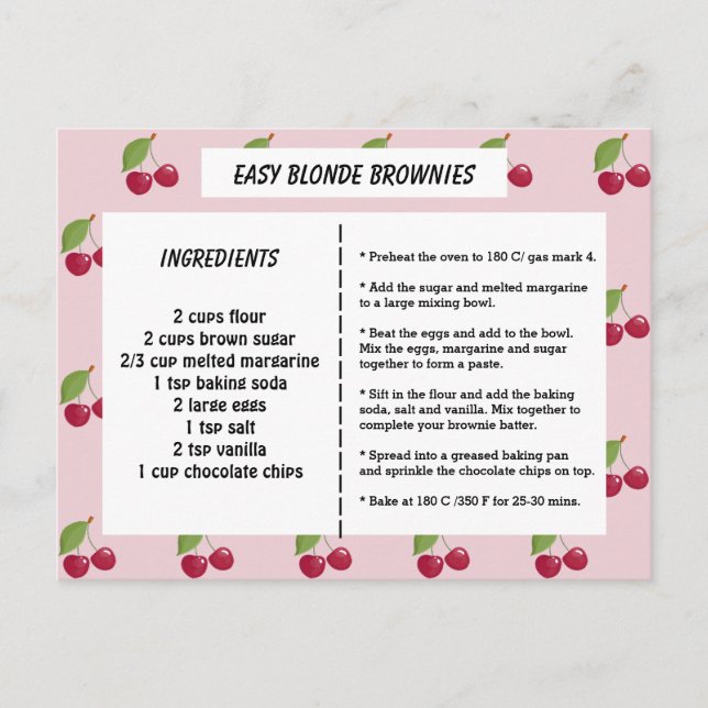 Cute Cherry Pattern Custom Recipe Card (Front)