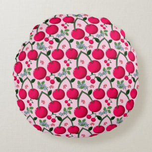 Cute Cherry  Pattern, Glossy Kawaii Fruit Round Cushion