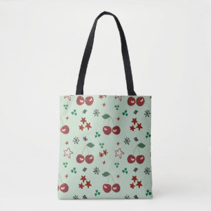 Cute Cherry Pattern Mint Green Cottagecore Tote Bag