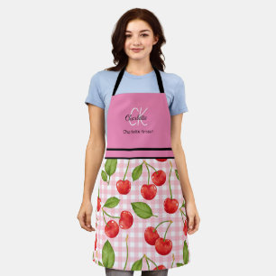 Cute Cherry Pattern Monogram Name Pink Apron