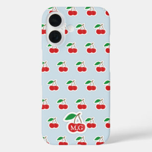 Cute Cherry Pattern on Light Blue Monogram iPhone 16 Case