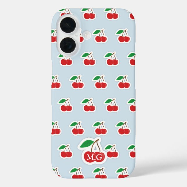 Cute Cherry Pattern on Light Blue Monogram Case-Mate iPhone Case (Back)