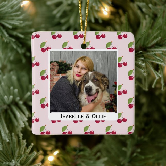Cute Cherry Pattern Personalised Photo Ceramic Ornament (Tree)
