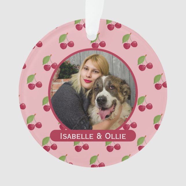 Cute Cherry Pattern Personalised Photo Ornament (Front)