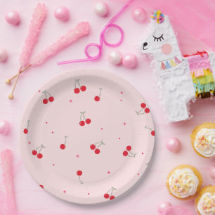 Cute Cherry Pattern   Pink Aesthetic Seamless  Paper Plate