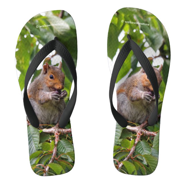 Cute Cherry Picking Eastern Grey Squirrel Flip Flops (Footbed)