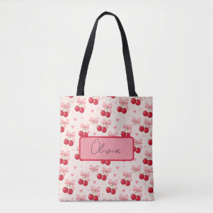 Cute Cherry & Pink Bow Coquette Tote Bag