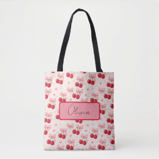 Cute Cherry & Pink Bow Coquette Tote Bag