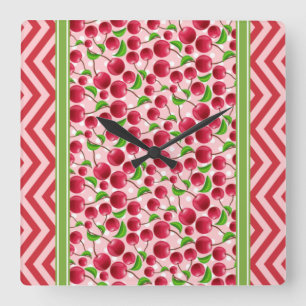 Cute Cherry Polka Dot & Chevron Red Square Wall Clock
