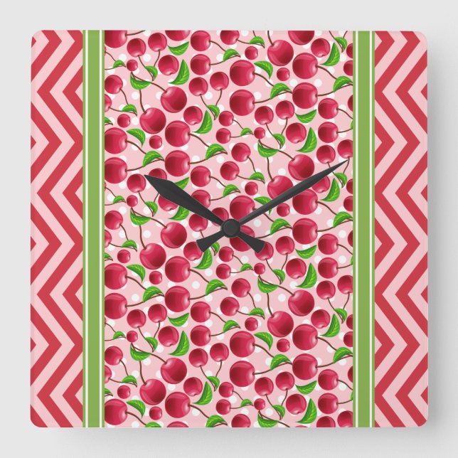 Cute Cherry Polka Dot & Chevron Red Square Wall Clock (Front)