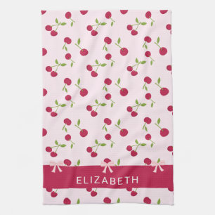 Cute Cherry Print Pattern Coquette Pink Custom Tea Towel