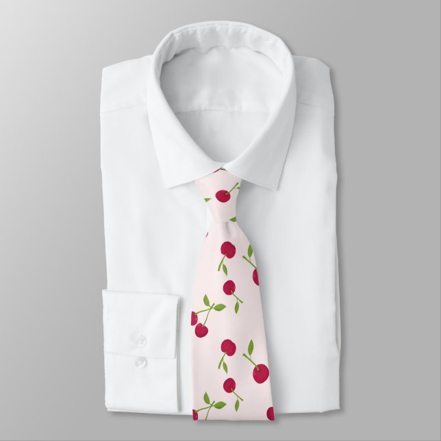 Cute Cherry Print Pattern Coquette Pink Monogram Tie (Tied)