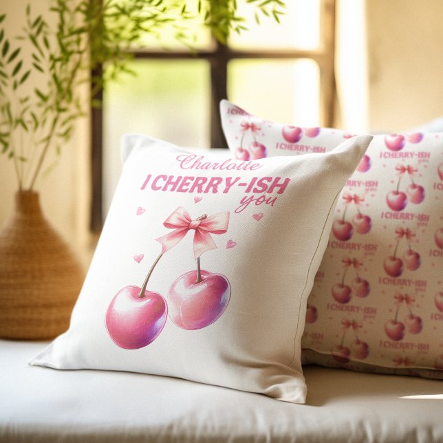 Cute Cherry Script Personalised Valentine’s Day Cushion (Cute Cherry Script Personalized Valentine’s Day Throw Pillow)