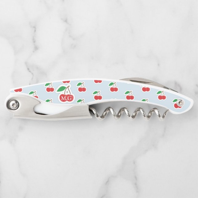 Cute Cherry Stems on Light Blue Monogram Corkscrew (Front)