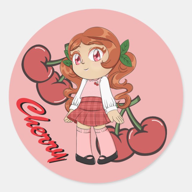 Cute Cherry Theme Chibi with Cherry Background Classic Round Sticker (Front)