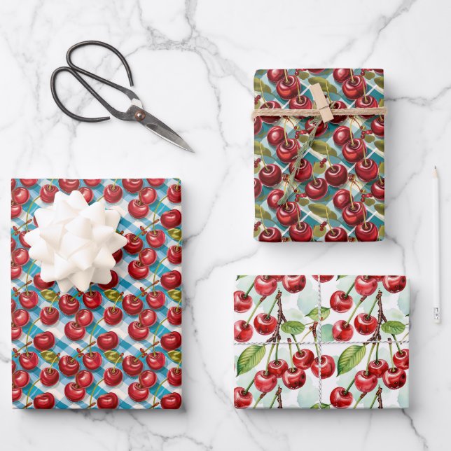 Cute Cherry Themed Pattern Birthday  Wrapping Paper Sheet (Front)