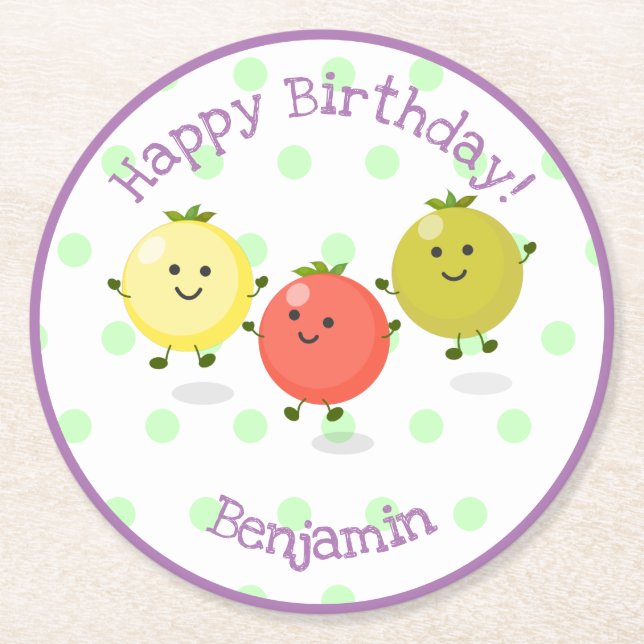 Cute cherry tomato friends cartoon illustration round paper coaster (Front)