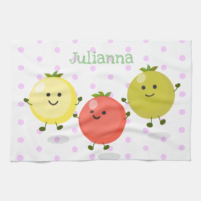Cute cherry tomatoes cartoon illustration tea towel (Horizontal)