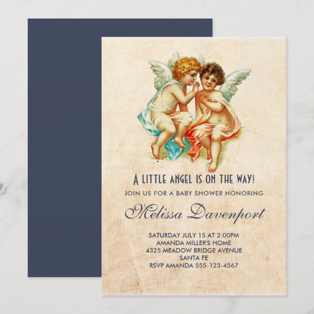 Cute Cherub Ephemera on Faux Parchment Baby Shower Invitation (Front/Back)