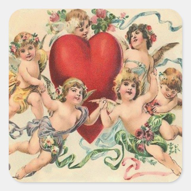 Cute Cherubs with a Red Heart Valentine Square Sticker (Front)