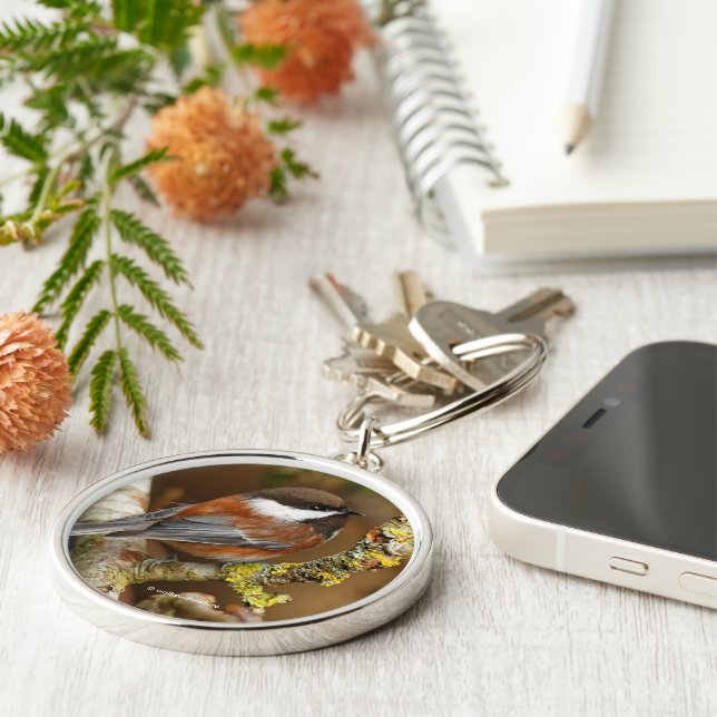 Cute Chestnut-Backed Chickadee on the Pear Tree Key Ring (Side)