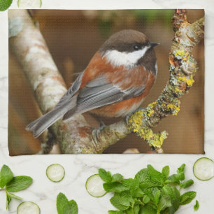 Cute Chestnut-Backed Chickadee on the Pear Tree Tea Towel