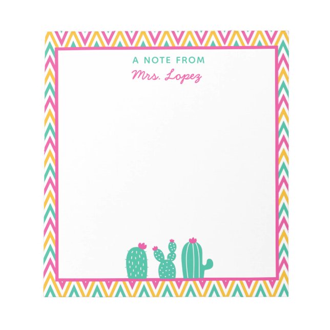 Cute Chevron Cactus Pink Flowers Teacher Notepad (Front)