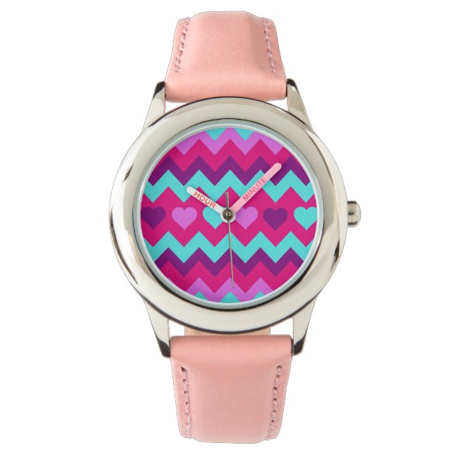 Cute Chevron Hearts Pink Teal Teen Girl Gifts Watch (Front)