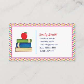 Cute Chevron Pattern Teacher Watercolor Apple Book Business Card