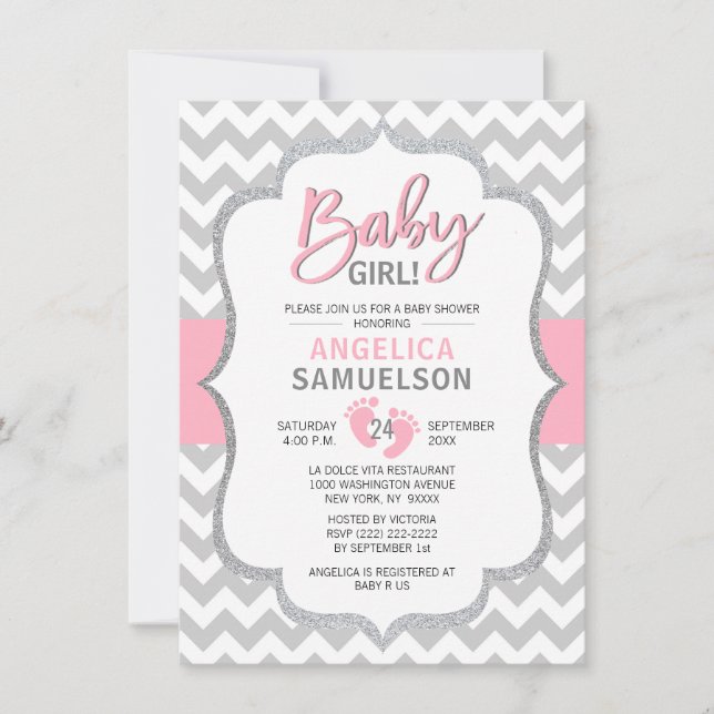 Cute Chevron Pink Grey Feet Baby Shower GIRL Invitation (Front)