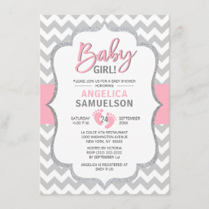 Cute Chevron Pink Grey Feet Baby Shower GIRL Invitation