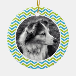 Cute Chevron Stripes Photo and Personalised Text Ceramic Tree Decoration