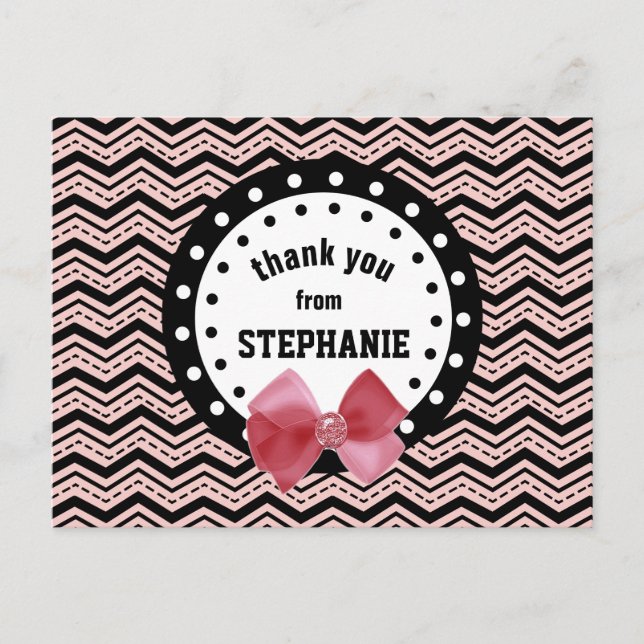 Cute Chevrons, Dots, and Bow Pink and Black Z55 Postcard (Front)