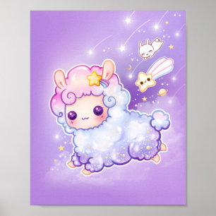 Cute chibi alpaca with kawaii shooting star poster