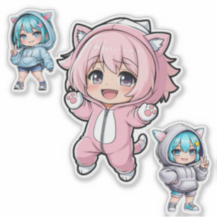 Cute Chibi Anime Cat Hoodie Girl Vinyl Sticker