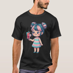 Cute Chibi Anime Girl with Butterfly T-Shirt