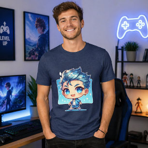 Cute Chibi Boy Blue Water-Themed Anime Art Tri-Blend Shirt