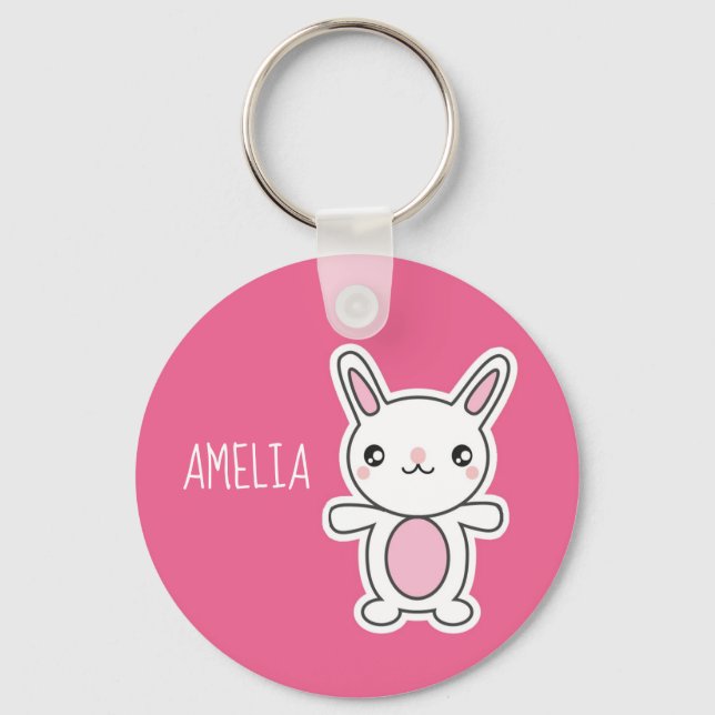 Cute Chibi Bunny Pink Personalised Key Ring (Front)