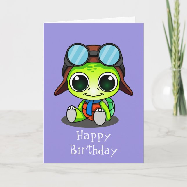 Cute Chibi Cartoon Turtle Happy Birthday Card (Front)