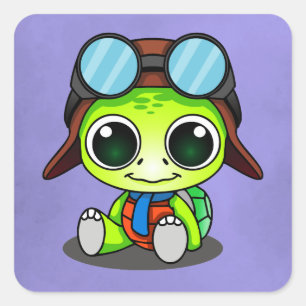 Cute Chibi Cartoon Turtle in Aviator Hat Square Sticker
