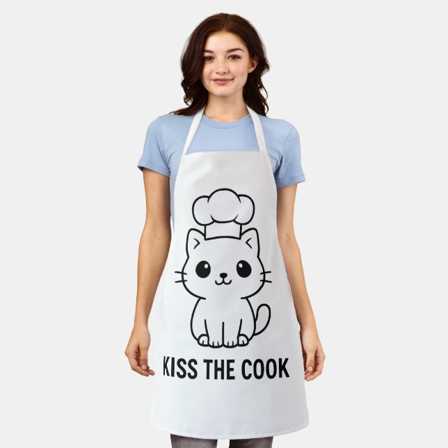 Cute Chibi Cat “Kiss the Cook” Apron – Funny Kitch (Worn)