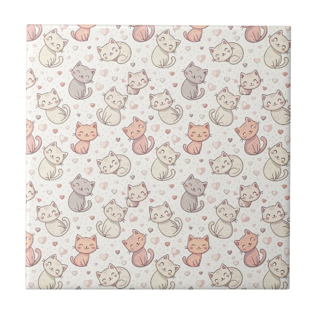 Cute Chibi Cat Pattern - Kids Kawaii Kitten Design Tile (Front)
