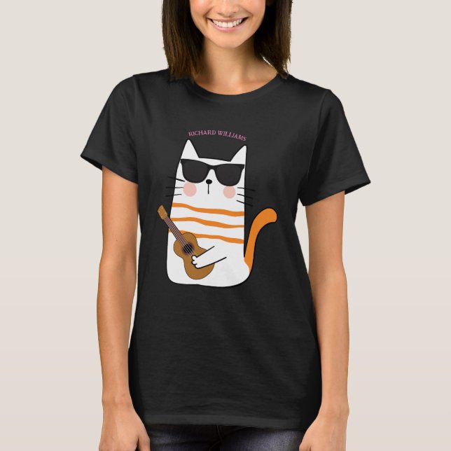 Cute Chibi Cat with Guitar Funny Gift T-Shirt (Front)