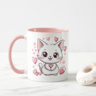 Cute Chibi Cat with Pink Hearts Adorable Kawaii Mug