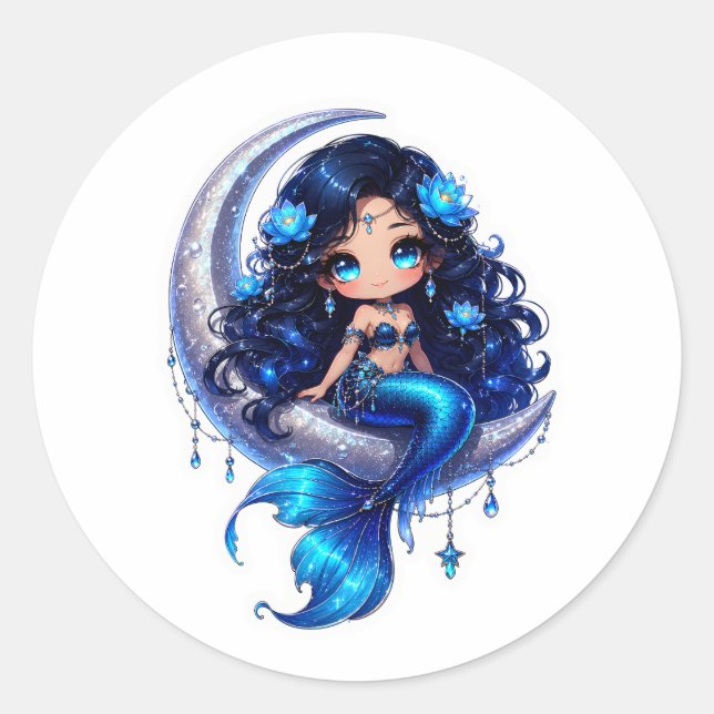 Cute Chibi Celestial Mermaid on Crescent Moon  Classic Round Sticker (Front)