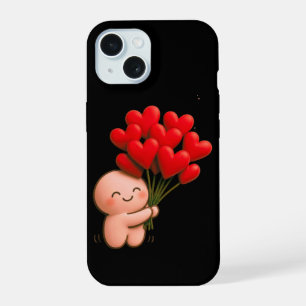 Cute Chibi Character Holding Red Heart Balloons iPhone 15 Case