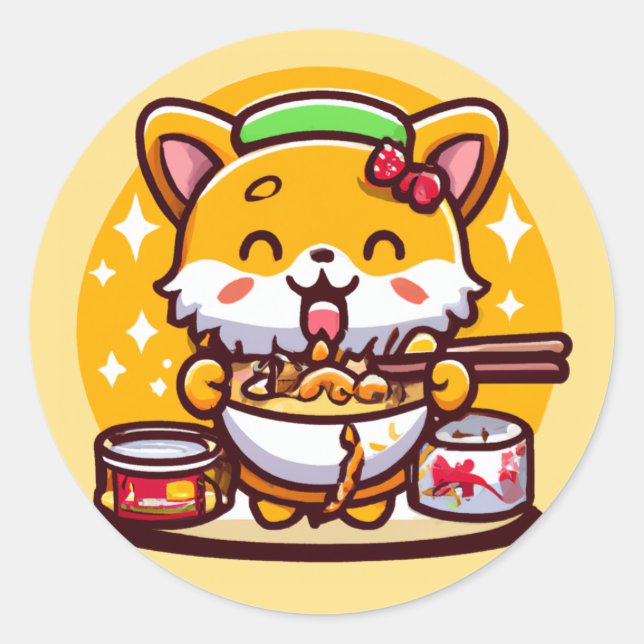 Cute Chibi Corgi Eating Ramen Noodles Classic Round Sticker (Front)