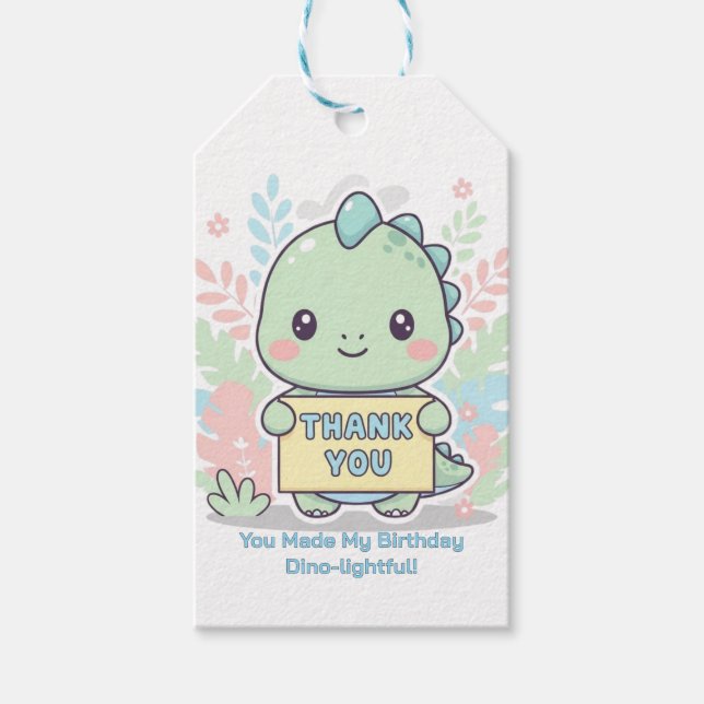 Cute Chibi Dinosaur Pastel 1st Birthday Gift Tag (Front)